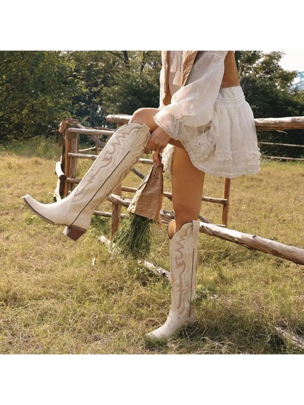 Women's Matte Beige Chunky Heel Slip on Pointed Knee High Cowgirl Tall Boots